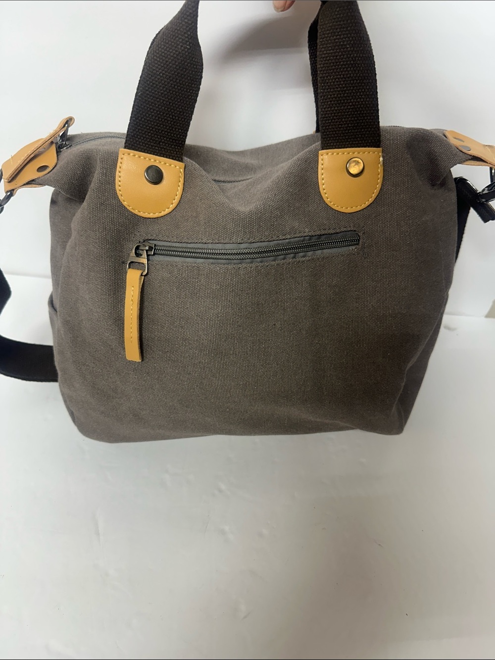 Canvas Messenger Satchel Bag in Gray with Tan Accents - Picture 4 of 8